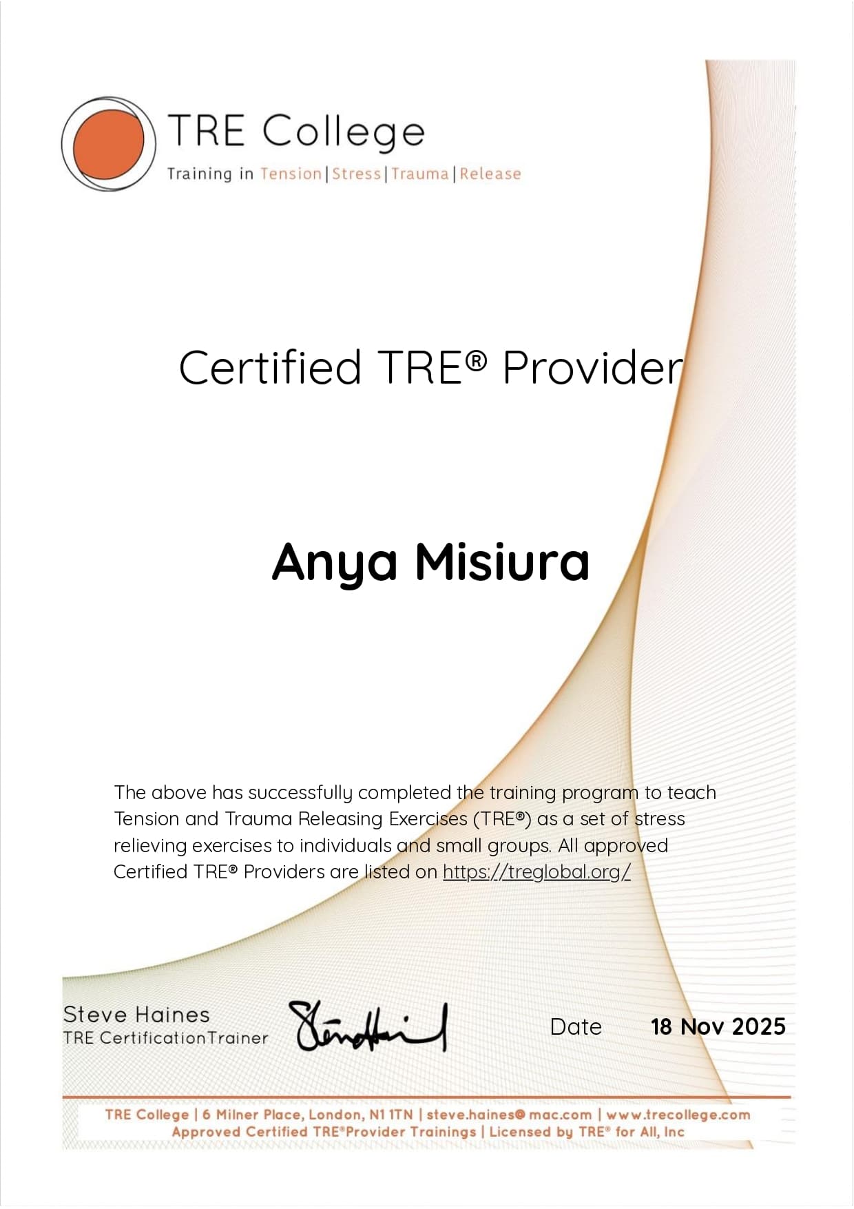 TRE College UK Certificate